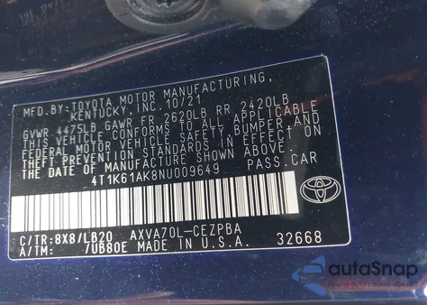 2022 Toyota Camry Xse from USA, damaged, VIN 4T1K61AK8NU009649